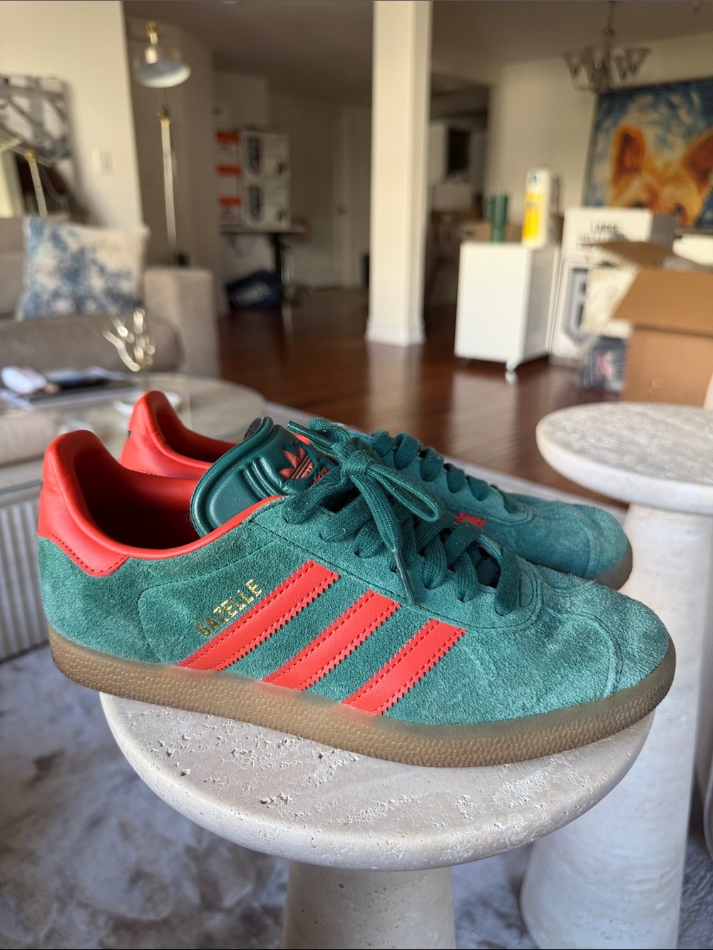 adidas Green Suede Sneakers with Red Stripe Accents